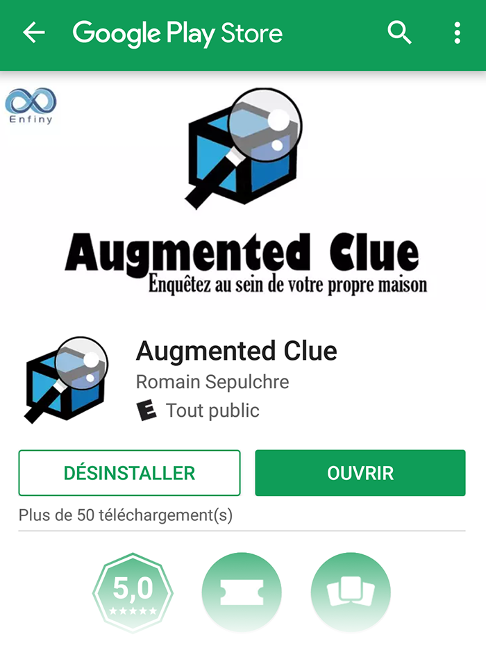 Capture d'écran de la page Augmented Clue sur le Play Store